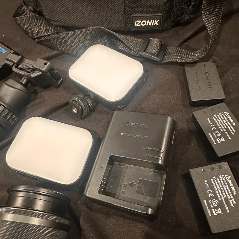 Canon M50 Camera + Tripod, Camera Bag, Lighting, Extra Batteries & Chargers